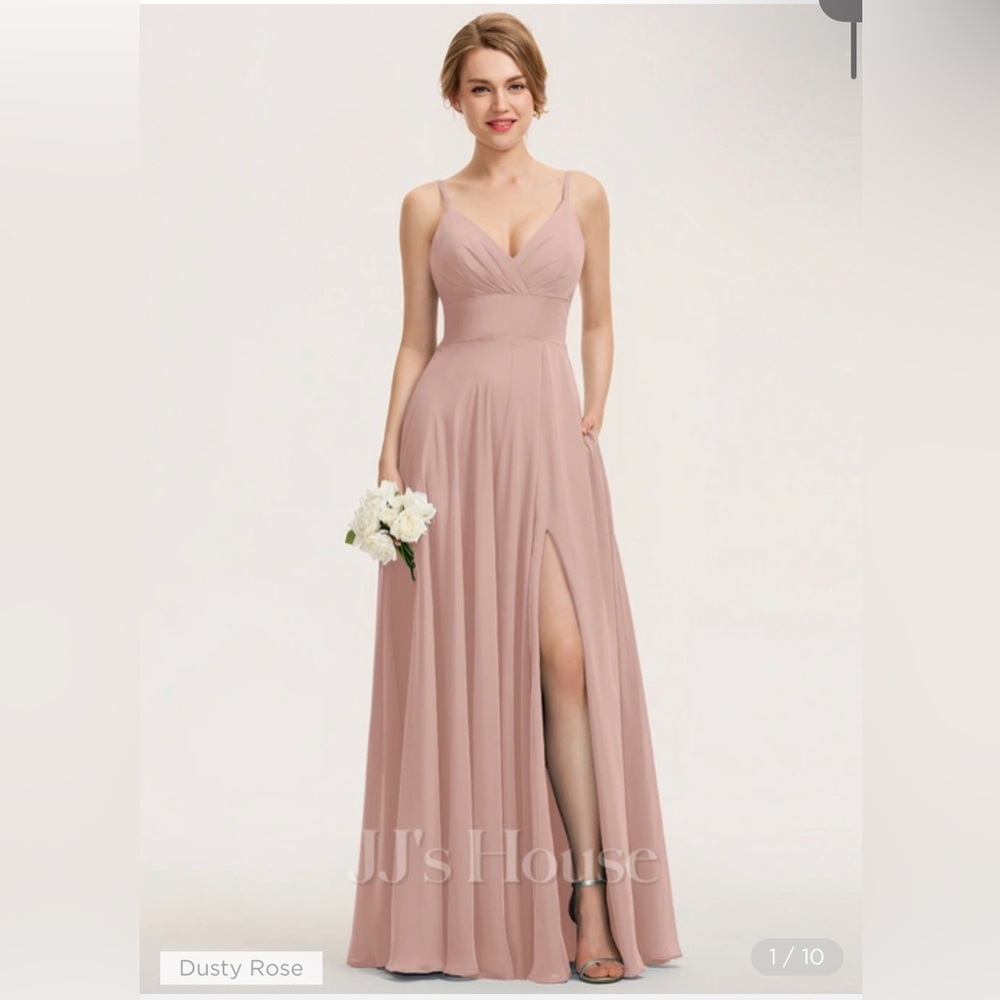 A-line V-neck Floor Length Chiffon Bridesmaid Dress with Slit (DUSTY ROSE)
